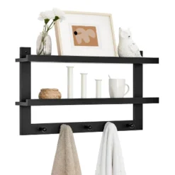 29" X 16" 2 Tier Ledge Wall Shelf Organizer With Five Hanging Hooks Black - Danya B. -Lamps and Lighting Store GUEST 04cdb312 1b8b 4796 bcc6 f6276f129058