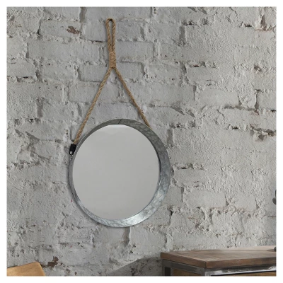 11.9" Suspended Round Galvanized Metal Wall Mirror With Rope Hanging Loop Brown/Silver - Stonebriar Collection 3 11.9" Suspended Round Galvanized Metal Wall Mirror With Rope Hanging Loop Brown/Silver - Stonebriar Collection