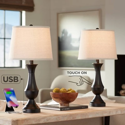 Regency Hill Traditional Table Lamps 25" High Set Of 2 With Hotel Style USB Charging Port LED Bronze Oatmeal Shade Touch On Off Living Room Bedroom 3 Regency Hill Traditional Table Lamps 25" High Set Of 2 With Hotel Style USB Charging Port LED Bronze Oatmeal Shade Touch On Off Living Room Bedroom