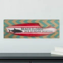 Northlight Rectangular Burlap Covered "Beach Closed" Shark Bite Surfboard Wall Art 24"