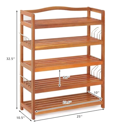 Costway 5-Tier Wood Shoe Rack Solid Acacia Wood Shoe Shelf With Side Metal Hooks 7 Costway 5-Tier Wood Shoe Rack Solid Acacia Wood Shoe Shelf With Side Metal Hooks - Image 5