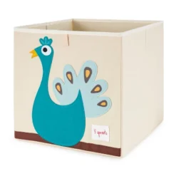 3 Sprouts Children's Unisex Foldable Fabric Storage Box Soft Toy Bin, Easy Storage For Essentials And Toys, Tan With Hedgehog And Peacock Designs