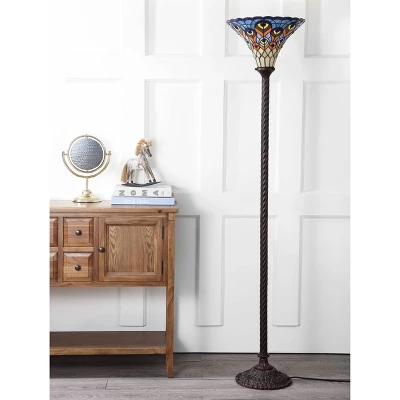 70" Peacock Tiffany Torchiere Floor Lamp (Includes LED Light Bulb) Bronze - JONATHAN Y 4 70" Peacock Tiffany Torchiere Floor Lamp (Includes LED Light Bulb) Bronze - JONATHAN Y - Image 2