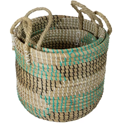 Northlight Set Of 3 Natural Woven Seagrass Basket With Teal, Black And White Accents 3 Northlight Set Of 3 Natural Woven Seagrass Basket With Teal, Black And White Accents