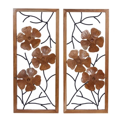 Set Of 2 Teak Wood Floral Handmade Framed Carved Wall Decors With Metal Wire Brown - Olivia & May 3 Set Of 2 Teak Wood Floral Handmade Framed Carved Wall Decors With Metal Wire Brown - Olivia & May