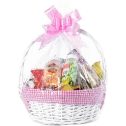 Wickerwise White Round Willow Gift Basket, With Gingham Liner And Handles