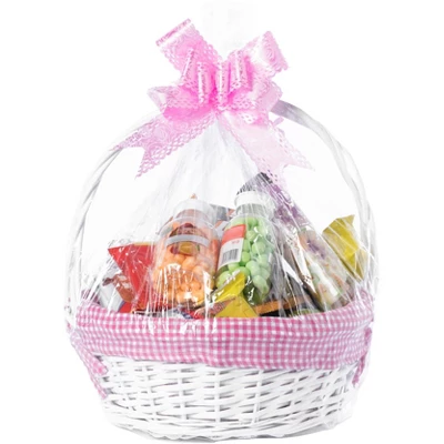 Wickerwise White Round Willow Gift Basket, With Gingham Liner And Handles 3 Wickerwise White Round Willow Gift Basket, With Gingham Liner And Handles
