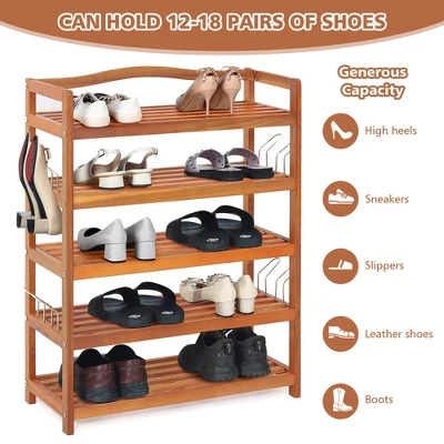 Costway 5-Tier Wood Shoe Rack Solid Acacia Wood Shoe Shelf With Side Metal Hooks 10 Costway 5-Tier Wood Shoe Rack Solid Acacia Wood Shoe Shelf With Side Metal Hooks - Image 8
