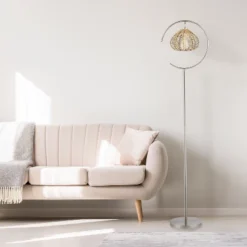 63.75" Isla High Brushed Nickel Iron Candlestick Floor Lamp With Round Tan Rattan Shade - River Of Goods -Lamps and Lighting Store GUEST 42518701 12d4 496b 8718 7c36f9ed5591