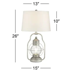 Franklin Iron Works Bodie Rustic Industrial Table Lamp 26" High Distressed Silver With USB Charging Port Nightlight LED Off White Linen Shade For Desk -Lamps and Lighting Store GUEST 4899b425 19b4 4f85 a437 5eca66144e0e
