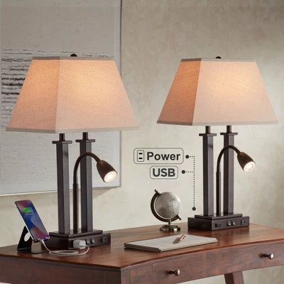 Possini Euro Design Possini Euro Deacon Bronze Gooseneck Lamps With USB And Outlet Set Of 2 3 Possini Euro Design Possini Euro Deacon Bronze Gooseneck Lamps With USB And Outlet Set Of 2