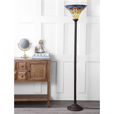 70" Peacock Tiffany Torchiere Floor Lamp (Includes LED Light Bulb) Bronze - JONATHAN Y 3 70" Peacock Tiffany Torchiere Floor Lamp (Includes LED Light Bulb) Bronze - JONATHAN Y