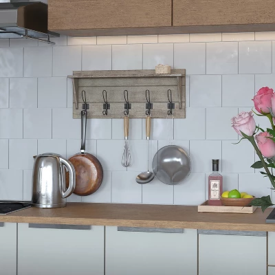 Merrick Lane Pine Wood 24 Inch Wall Mount Storage Rack With 5 Hanging Hooks And Upper Display Shelf 6 Merrick Lane Pine Wood 24 Inch Wall Mount Storage Rack With 5 Hanging Hooks And Upper Display Shelf - Image 4