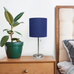 19.5" Bedside USB Port Feature Metal Table Desk Lamp Brushed Steel With Navy Fabric Shade - Creekwood Home -Lamps and Lighting Store GUEST 55d060df ba89 419d b62f 4fa4181daf16