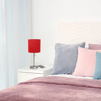 19.5" Bedside USB Port Feature Metal Table Desk Lamp Brushed Steel With Red Fabric Shade - Creekwood Home 8 19.5" Bedside USB Port Feature Metal Table Desk Lamp Brushed Steel With Red Fabric Shade - Creekwood Home - Image 6