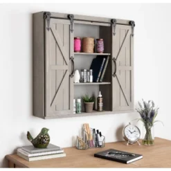 Decorative Wood Wall Storage Cabinet With 2 Sliding Barn Doors Rustic Gray - Kate & Laurel All Things Decor -Lamps and Lighting Store GUEST 565c4c1a be01 4ea4 8941 4324fa5bdda8