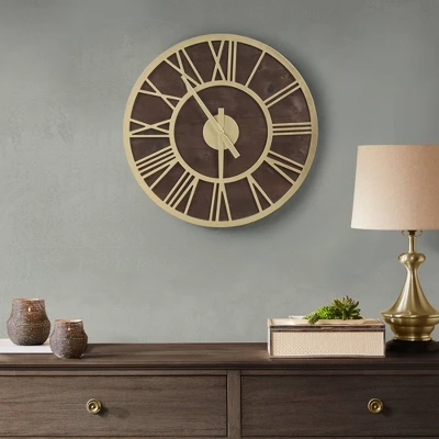 23.6" Mason Wood Wall Clock Brown/Gold - Madison Park 6 23.6" Mason Wood Wall Clock Brown/Gold - Madison Park - Image 4