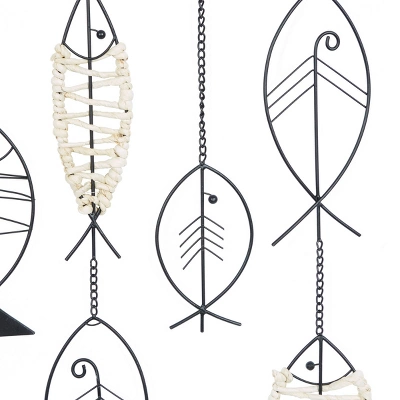 Metal Fish Indoor Outdoor Wire Wall Decor With Rattan Accent Black - Olivia & May 5 Metal Fish Indoor Outdoor Wire Wall Decor With Rattan Accent Black - Olivia & May - Image 3