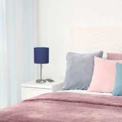 19.5" Bedside USB Port Feature Metal Table Desk Lamp Brushed Steel With Navy Fabric Shade - Creekwood Home -Lamps and Lighting Store GUEST 5ea89f58 e580 4068 875e fdba0257ea7f