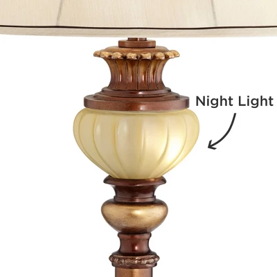 Kathy Ireland Hyde Park Vintage Rustic Floor Lamps With Glass Tray Tables 65" Tall Set Of 2 Bronze Nightlight Beige Fabric Bell Shade For Living Room 4 Kathy Ireland Hyde Park Vintage Rustic Floor Lamps With Glass Tray Tables 65" Tall Set Of 2 Bronze Nightlight Beige Fabric Bell Shade For Living Room - Image 2