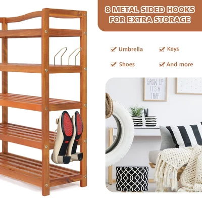 Costway 5-Tier Wood Shoe Rack Solid Acacia Wood Shoe Shelf With Side Metal Hooks 11 Costway 5-Tier Wood Shoe Rack Solid Acacia Wood Shoe Shelf With Side Metal Hooks - Image 9
