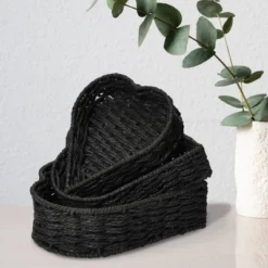 Household Essentials Set Of 3 Nesting Heart Baskets Paper Rope Black