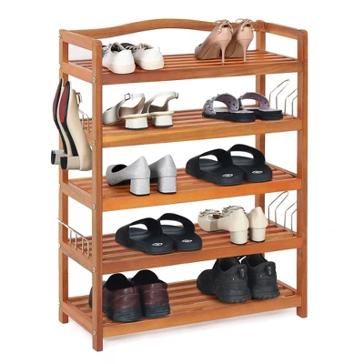 Costway 5-Tier Wood Shoe Rack Solid Acacia Wood Shoe Shelf With Side Metal Hooks 9 Costway 5-Tier Wood Shoe Rack Solid Acacia Wood Shoe Shelf With Side Metal Hooks - Image 7