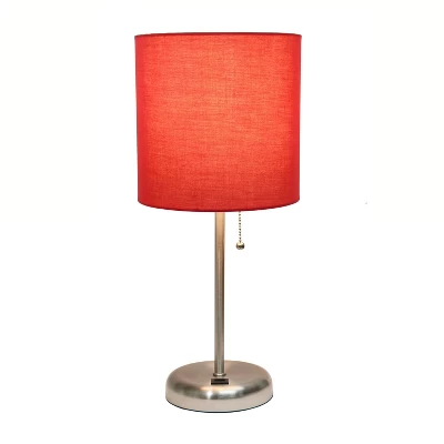 19.5" Bedside USB Port Feature Metal Table Desk Lamp Brushed Steel With Red Fabric Shade - Creekwood Home 3 19.5" Bedside USB Port Feature Metal Table Desk Lamp Brushed Steel With Red Fabric Shade - Creekwood Home