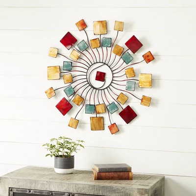 Metal Sunburst Wall Decor With Square Panel Accent Brown - Olivia & May 3 Metal Sunburst Wall Decor With Square Panel Accent Brown - Olivia & May
