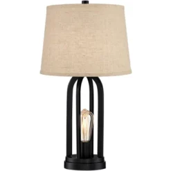 360 Lighting Marcel Industrial Table Lamps 24 1/4" High Set Of 2 Black With USB Port LED Nightlight Burlap Drum Shade For Bedroom Living Room Desk -Lamps and Lighting Store GUEST 85d8803d 9835 4606 831b 7090d5efa50a