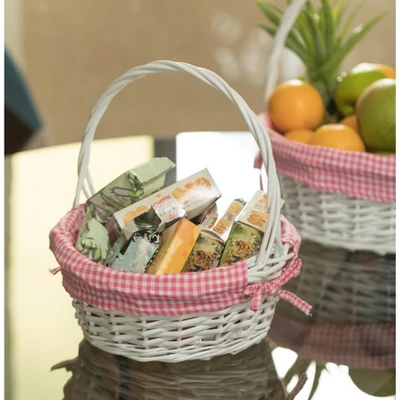 Wickerwise White Round Willow Gift Basket, With Gingham Liner And Handles 4 Wickerwise White Round Willow Gift Basket, With Gingham Liner And Handles - Image 2