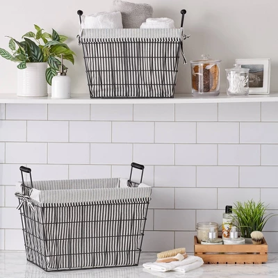 Design Imports Set Of 2 Farmhouse Black Wire Ticking Stripe Liner Baskets Black/White 5 Design Imports Set Of 2 Farmhouse Black Wire Ticking Stripe Liner Baskets Black/White - Image 3