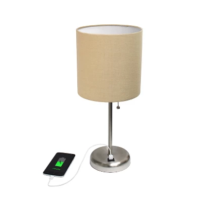 19.5" Bedside USB Port Feature Metal Table Desk Lamp Brushed Steel With Tan Fabric Shade - Creekwood Home 5 19.5" Bedside USB Port Feature Metal Table Desk Lamp Brushed Steel With Tan Fabric Shade - Creekwood Home - Image 3