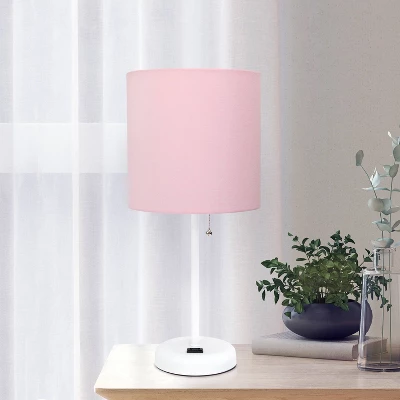 19.5" Bedside Power Outlet Base Metal Table Desk Lamp In White With Light Pink Fabric Shade - Creekwood Home 9 19.5" Bedside Power Outlet Base Metal Table Desk Lamp In White With Light Pink Fabric Shade - Creekwood Home - Image 7