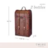 Twine Antique 2 Bottle Wooden Decorative Wine Box With Lid And Handle, Wood, Faux Leather, Brass Accents