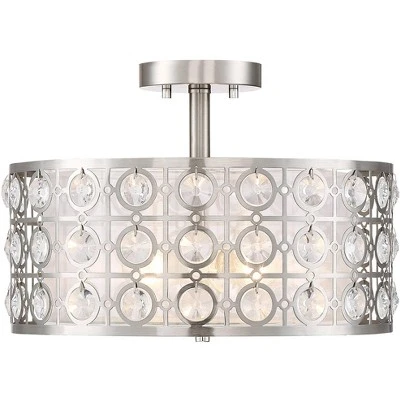 Possini Euro Design Saira Modern Ceiling Light Semi Flush Mount Fixture 16" Wide Brushed Nickel Crystal Organza Drum Shade For Bedroom Kitchen Hallway 4 Possini Euro Design Saira Modern Ceiling Light Semi Flush Mount Fixture 16" Wide Brushed Nickel Crystal Organza Drum Shade For Bedroom Kitchen Hallway - Image 2