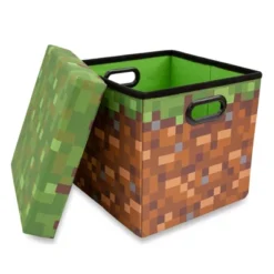 Ukonic Minecraft Grassy Block Fabric Storage Bin Cube Organizer With Lid | 13 Inches