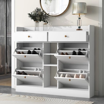 Clint 42.5" Height Shoe Rack Multifunctional 2-Tier Organizer With Drawers For 19 Pairs With 4 Flip Down Drawers-Maison Boucle 3 Clint 42.5" Height Shoe Rack Multifunctional 2-Tier Organizer With Drawers For 19 Pairs With 4 Flip Down Drawers-Maison Boucle
