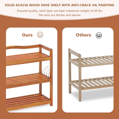 Costway 5-Tier Wood Shoe Rack Solid Acacia Wood Shoe Shelf With Side Metal Hooks 8 Costway 5-Tier Wood Shoe Rack Solid Acacia Wood Shoe Shelf With Side Metal Hooks - Image 6