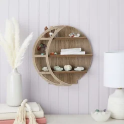 Lamps and Lighting Store 22 Brown Wooden Moon Shelf, Rustic Wall Home Decor, Crystal Holder For Stones Display And Essential Oils (12 X 12 X 3 In)