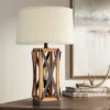 Franklin Iron Works Gaines Rustic Farmhouse Table Lamp 28 1/2" Tall Bronze Wood With LED Nightlight Off White Burlap Drum Shade For Bedroom House Home -Lamps and Lighting Store GUEST a8e231ba 4016 469e bb5b 48d252ede0e1