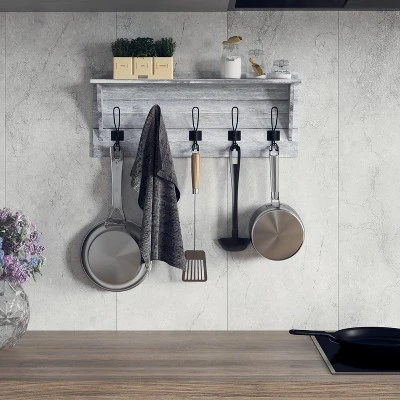 Emma And Oliver Rustic Country Wall Mounted Entryway Shelf With 5 Rustic Hooks And Wood Construction 6 Emma And Oliver Rustic Country Wall Mounted Entryway Shelf With 5 Rustic Hooks And Wood Construction - Image 4