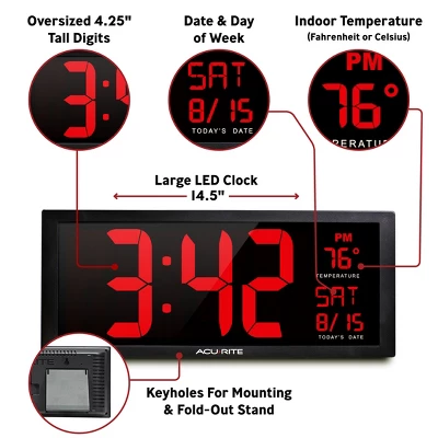 AcuRite 14.5" Digital Clock With Indoor Temperature Red 3 AcuRite 14.5" Digital Clock With Indoor Temperature Red