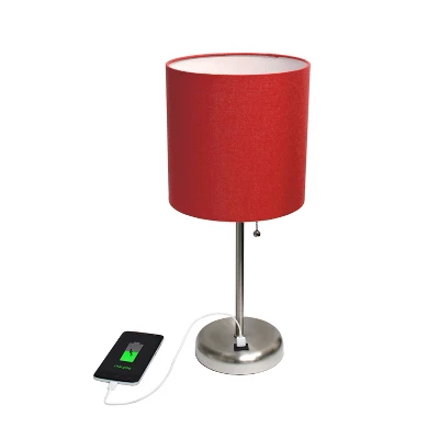 19.5" Bedside USB Port Feature Metal Table Desk Lamp Brushed Steel With Red Fabric Shade - Creekwood Home 4 19.5" Bedside USB Port Feature Metal Table Desk Lamp Brushed Steel With Red Fabric Shade - Creekwood Home - Image 2