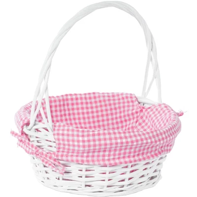 Wickerwise White Round Willow Gift Basket, With Gingham Liner And Handles 9 Wickerwise White Round Willow Gift Basket, With Gingham Liner And Handles - Image 7