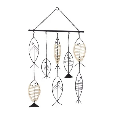 Metal Fish Indoor Outdoor Wire Wall Decor With Rattan Accent Black - Olivia & May 3 Metal Fish Indoor Outdoor Wire Wall Decor With Rattan Accent Black - Olivia & May
