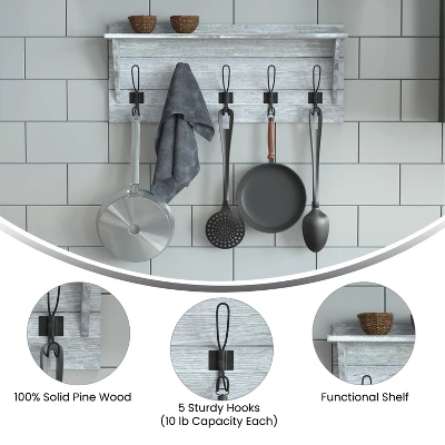 Emma And Oliver Rustic Country Wall Mounted Entryway Shelf With 5 Rustic Hooks And Wood Construction 7 Emma And Oliver Rustic Country Wall Mounted Entryway Shelf With 5 Rustic Hooks And Wood Construction - Image 5