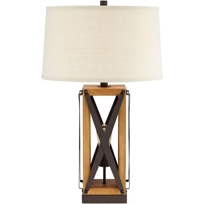 Franklin Iron Works Gaines Rustic Farmhouse Table Lamp 28 1/2" Tall Bronze Wood With LED Nightlight Off White Burlap Drum Shade For Bedroom House Home 8 Franklin Iron Works Gaines Rustic Farmhouse Table Lamp 28 1/2" Tall Bronze Wood With LED Nightlight Off White Burlap Drum Shade For Bedroom House Home - Image 6