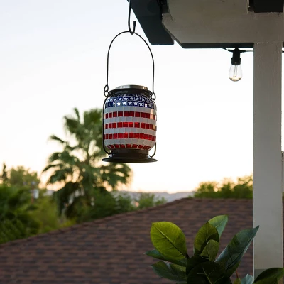 7" Solar Patriotic Glass/Iron Hanging Lantern With LED Lights Cool White - Alpine Corporation 3 7" Solar Patriotic Glass/Iron Hanging Lantern With LED Lights Cool White - Alpine Corporation
