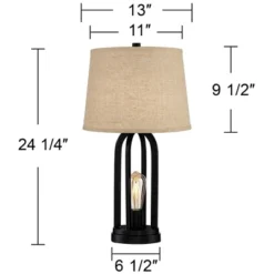 360 Lighting Marcel Industrial Table Lamps 24 1/4" High Set Of 2 Black With USB Port LED Nightlight Burlap Drum Shade For Bedroom Living Room Desk -Lamps and Lighting Store GUEST eb633317 f600 45d3 ae18 d56b75f16339